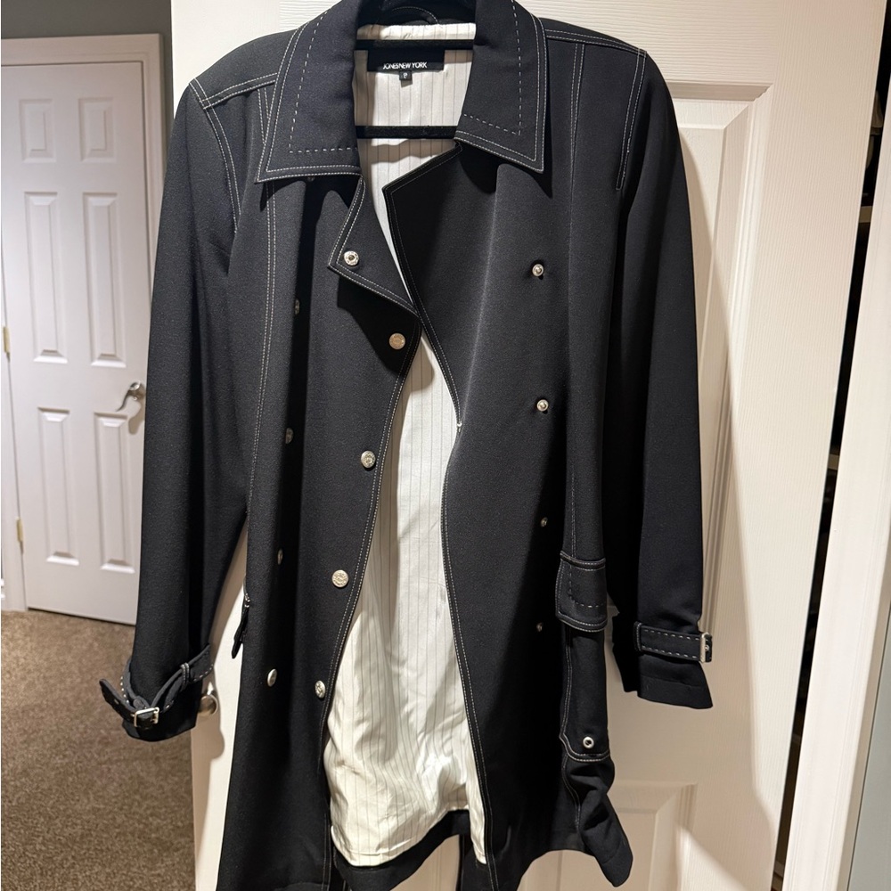 Jones New York Black Trench Coat with White Stitching